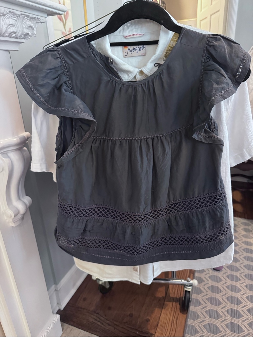 Marie Oliver Charcoal Gray Flutter Sleeve Crochet-Trim Blouse